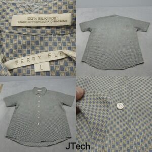 Perry‎ Ellis Silk Shirt Mens Large Cream Blue Geometric Kayak Print Button Up